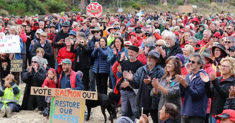 ProtectOurShore's tweet card. More than one thousand people have protested at a remote beach in opposition to salmon farms which have...