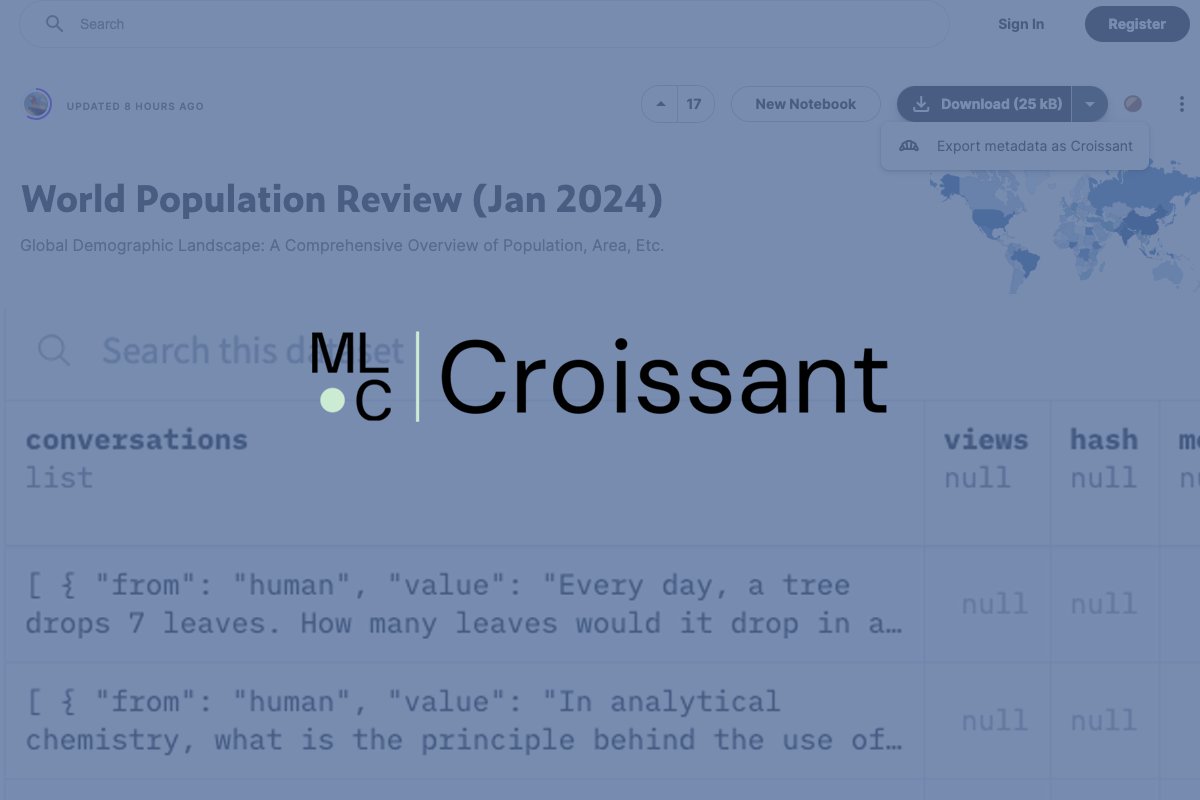 MLCommons's tweet card. We’re excited to announce the release of Croissant, a metadata format that aims to standardize machine learning assets. Croissant’s goal is to make datasets more easily discoverable and usable across...
