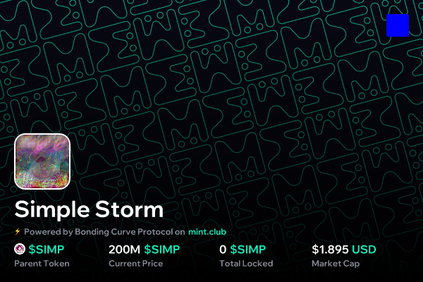 Simple_on_Base's tweet card. Simple Storm (STORM) is a Bonding Curved ERC1155 token on Base Network. Create a custom bonding curve token/NFT on mint.club using your preferred ERC20, instantly tradable & monetizable.