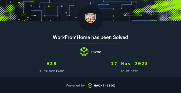 tresscrossnet's tweet card. I have just solved sherlock WorkFromHome from Hack The Box