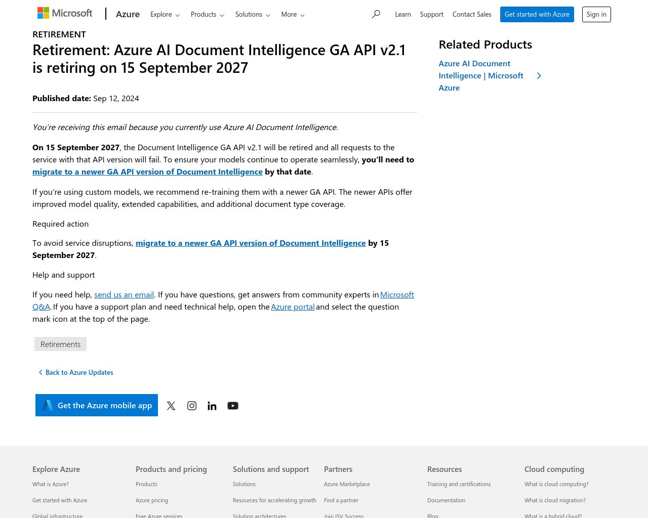 managetech_inc's tweet card. Azure AI Document Intelligenceの利用者向けに通知 2027年9月15日にDocu