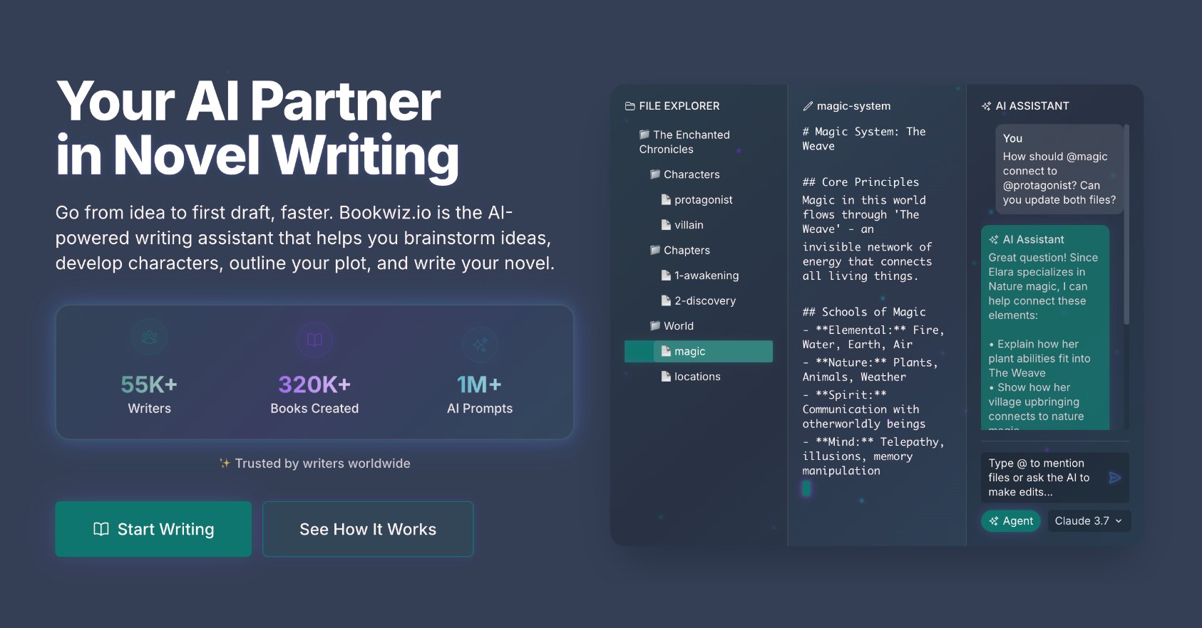 bookwiz_io's tweet card. Transform your writing with Bookwiz - the AI-powered platform that helps authors organize characters, plots, and world-building while providing intelligent writing assistance.