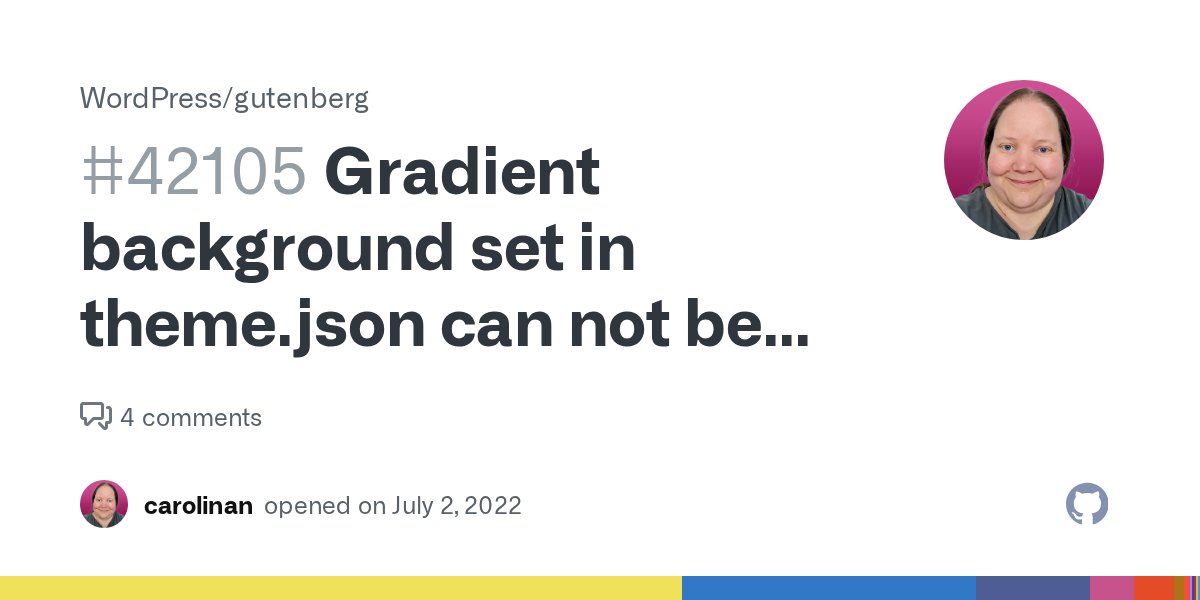 GoodFirstBugs's tweet card. Description If a theme sets a default gradient body background in theme.json, it is not possible to replace the gradient with a solid color in the Styles settings in the site editor. The resulting ...