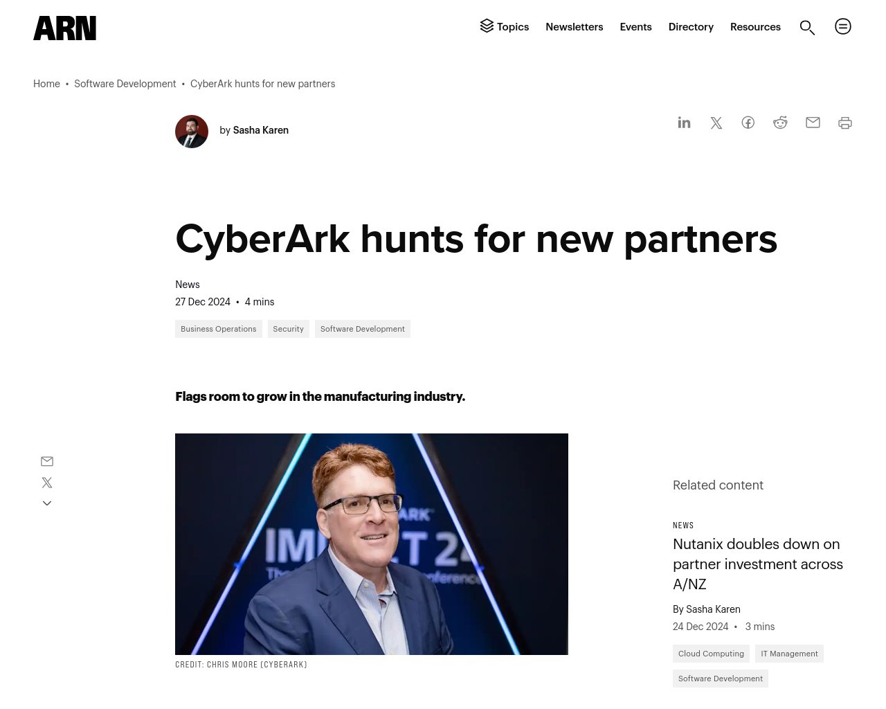 managetech_inc's tweet card. 要約： CyberArkは製造業で成長を目指し、ポイントソリューションを構築する新しいパートナーを求めている。