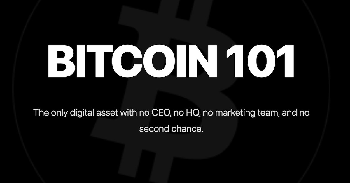 dotkrueger's tweet card. The only digital asset with no CEO, no HQ, no marketing team, and no second chance. Learn Bitcoin fundamentals, how to get started, and why it matters.