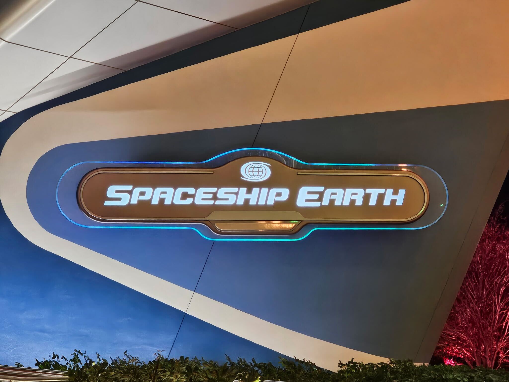 MickeyBlog_'s tweet card. One of Spaceship Earth's entrance signs is once again illuminated as the glowing effect has been restored. Here is the latest from EPCOT.