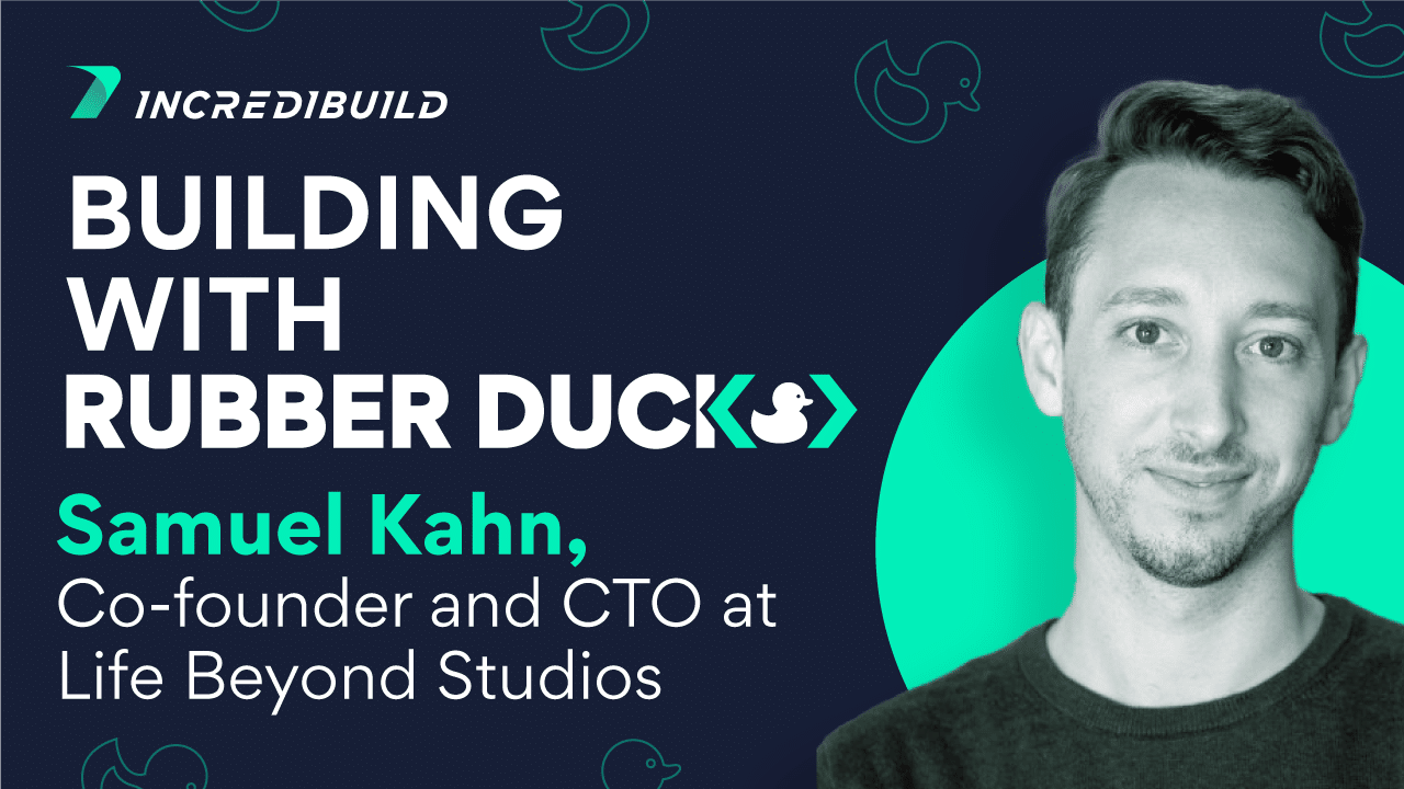 kahncode's tweet card. Check out episode one of Building with Rubber Ducks, Incredibuild's newest podcast talking about web development and acceleration.
