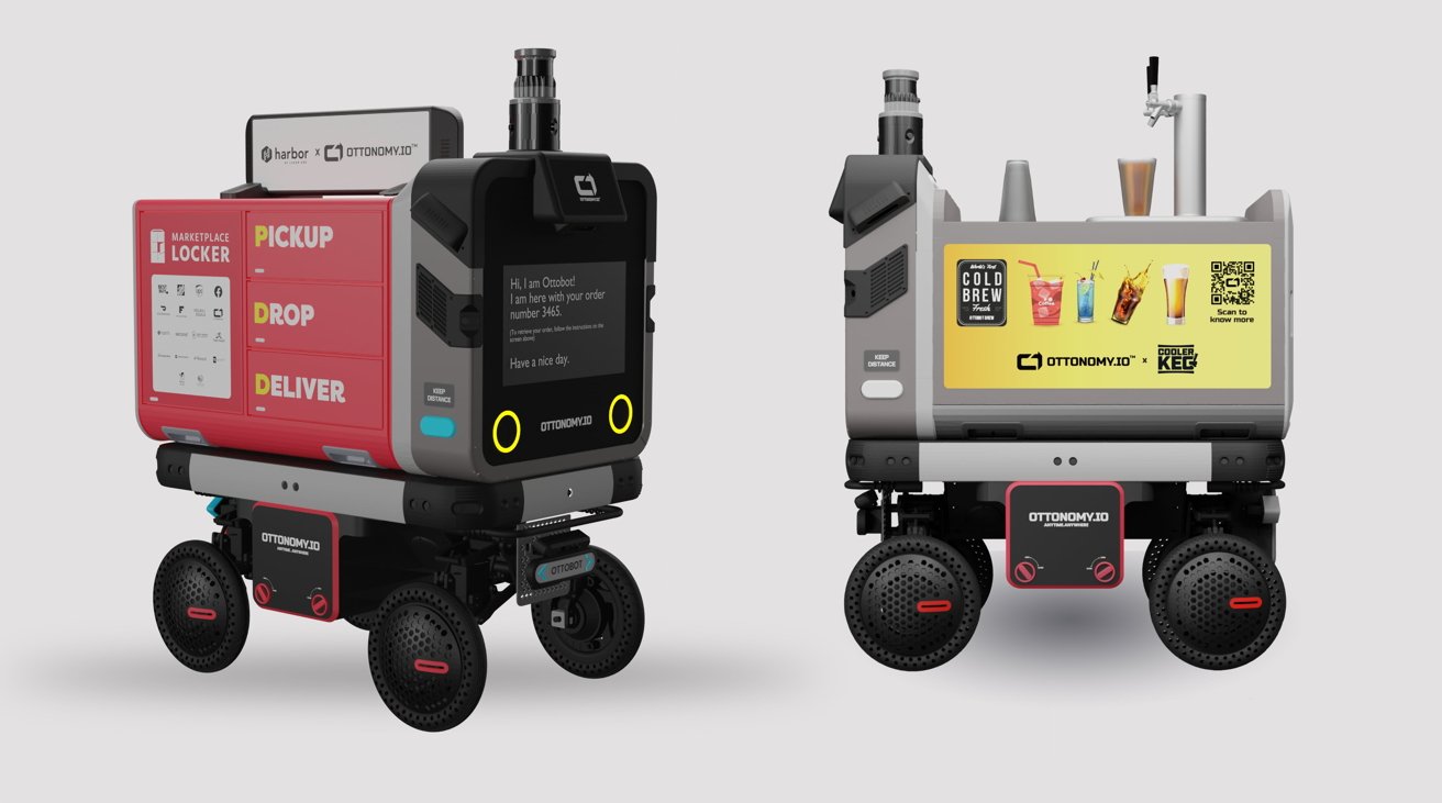 Ottonomy_IO's tweet card. Ottonomy is introducing two delivery robots at CES 2024, with the Ottobot Locker joined by the drink-dispensing Ottobot Brew.