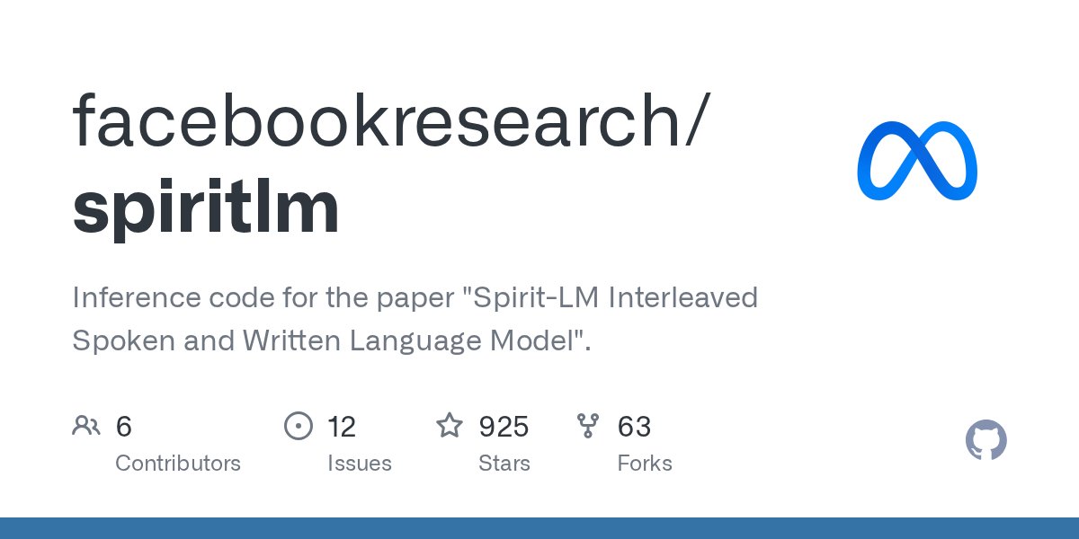 weiting_nlp's tweet card. Inference code for the paper "Spirit-LM Interleaved Spoken and Written Language Model". - facebookresearch/spiritlm