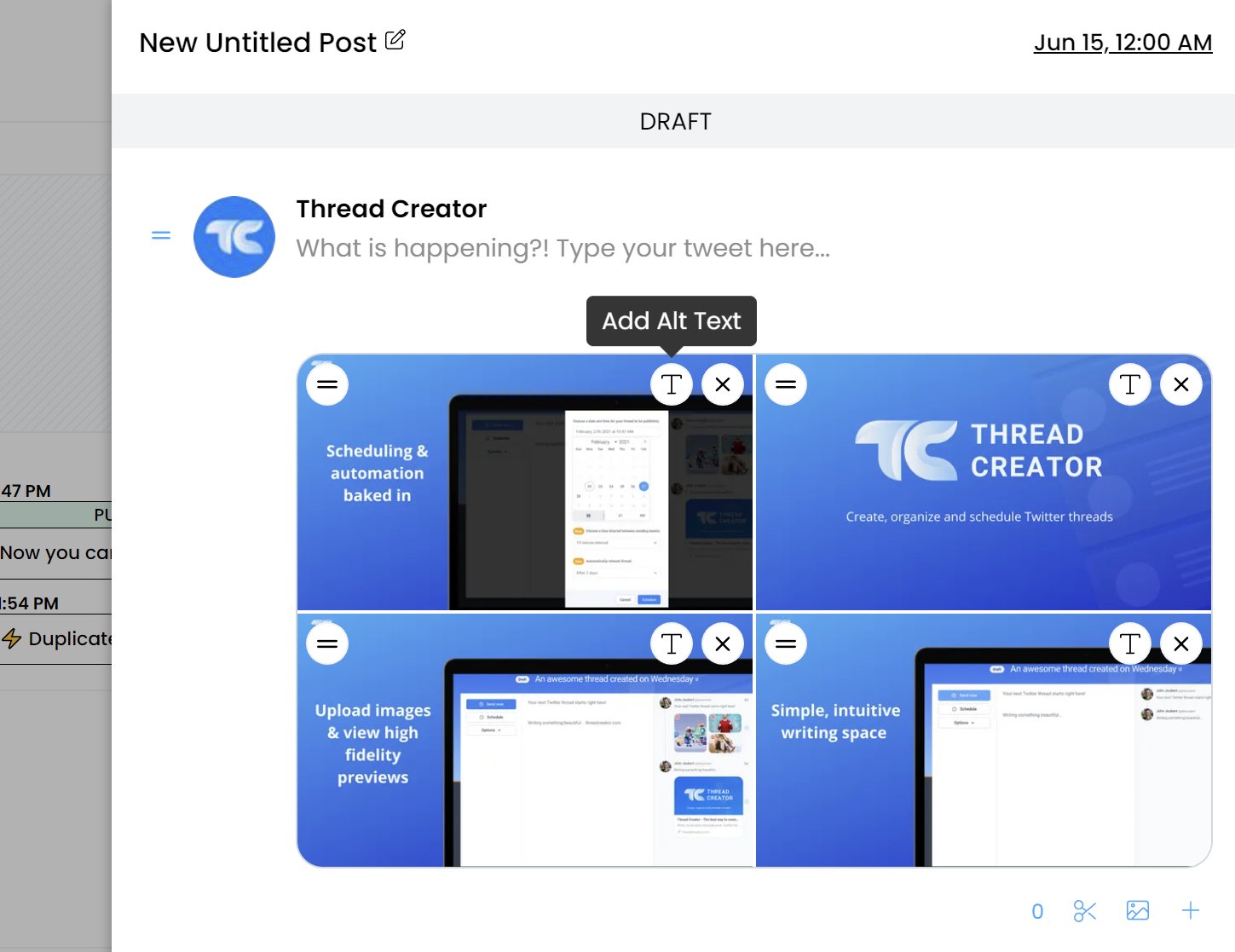 threadcreator's tweet card. Now you can add alt text to each one of your media attachments. Just open up a post, add some media then click the (T) button in the top right of the media and