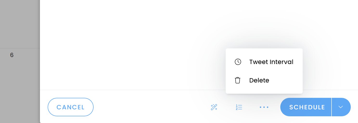 threadcreator's tweet card. Add intervals when sending your Tweets to make them look more human-like. To add intervals simply create a new post and then click the (...