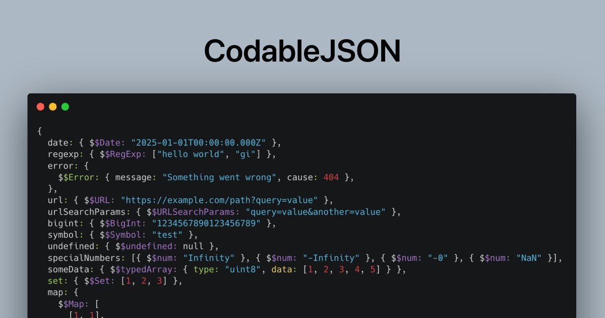 Ryansikorski10's tweet card. CodableJSON: JSON serialization for complex types