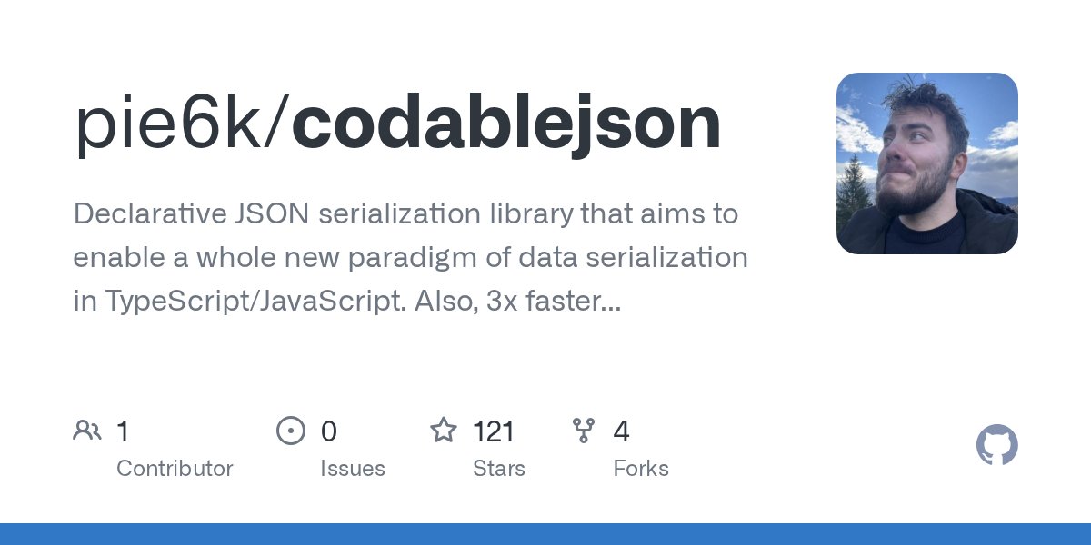 Ryansikorski10's tweet card. Declarative JSON serialization library that aims to enable a whole new paradigm of data serialization in TypeScript/JavaScript. Also, 3x faster SuperJSON alternative. - pie6k/codablejson