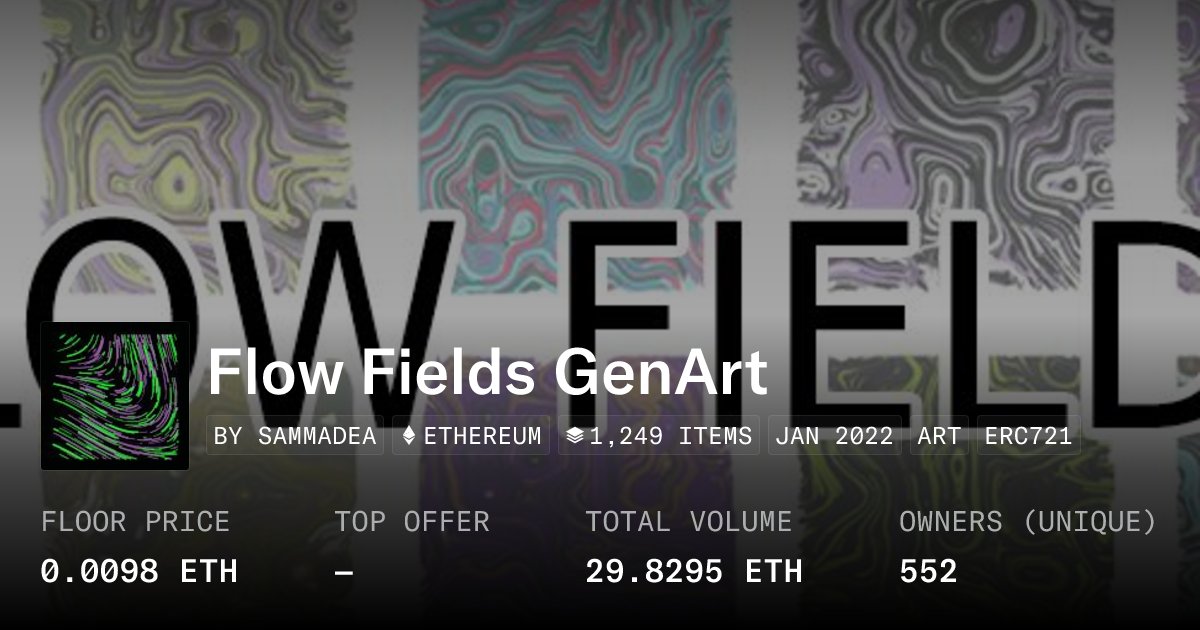 blueonchain's tweet card. Created for the NFT community in p5.js by Oslo based artist Torgeir Lien. The particles/lines of Flow Fields follow along the gradient of fully generated images - it's basically gen art inside of gen...