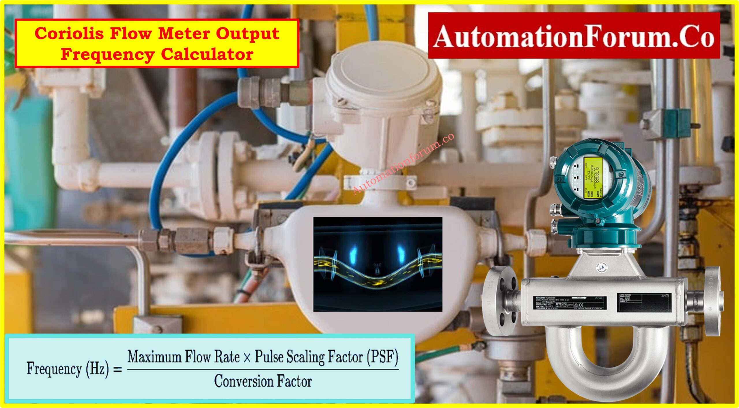 sundareshinfohe's tweet card. Calculate Coriolis flow meter output frequency using flow rate, pulse scaling factor, and conversion factors for precise monitoring.