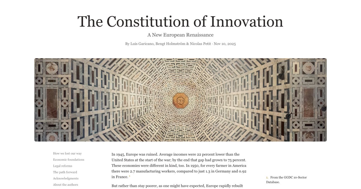lugaricano's tweet card. An academic paper examining Europe's innovation challenges and proposing a constitutional framework for economic renaissance.