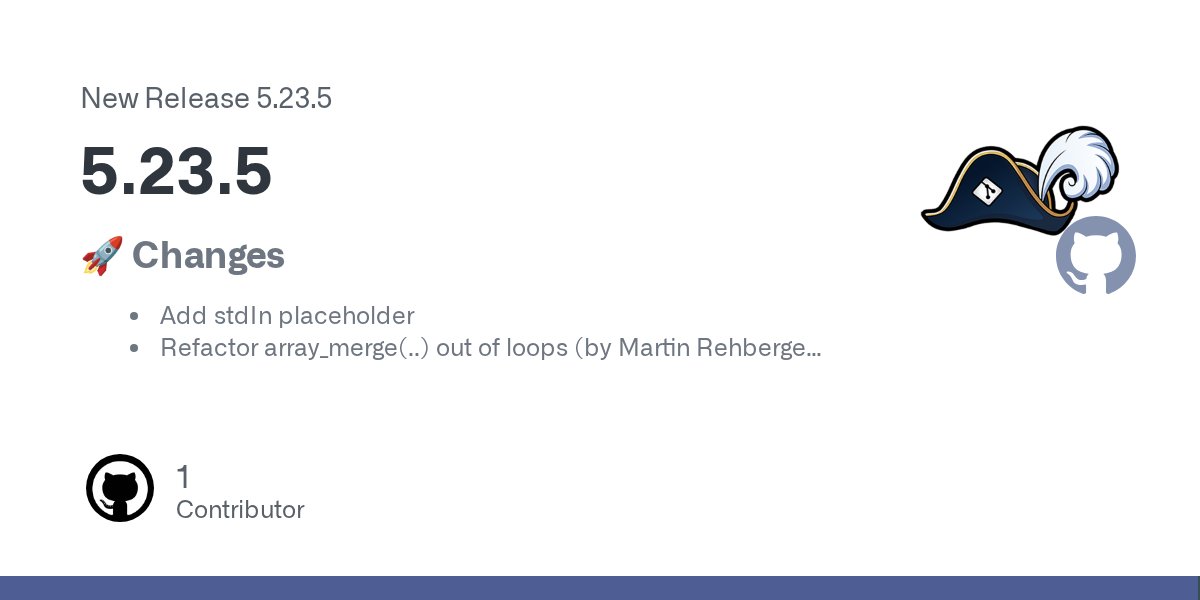 CaptainHookGit's tweet card. 🚀 Changes Add stdIn placeholder Refactor array_merge(..) out of loops (by Martin Rehberger) 🐛 Bugfixes Issue #256 fixed