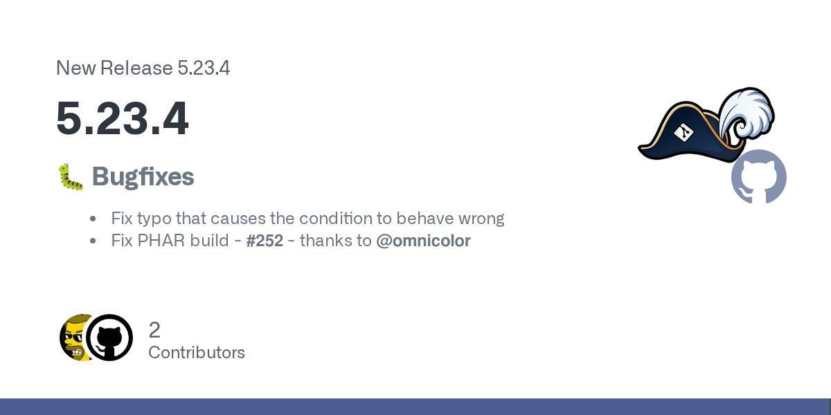 CaptainHookGit's tweet card. 🐛 Bugfixes Fix typo that causes the condition to behave wrong Fix PHAR build - #252 - thanks to @omnicolor
