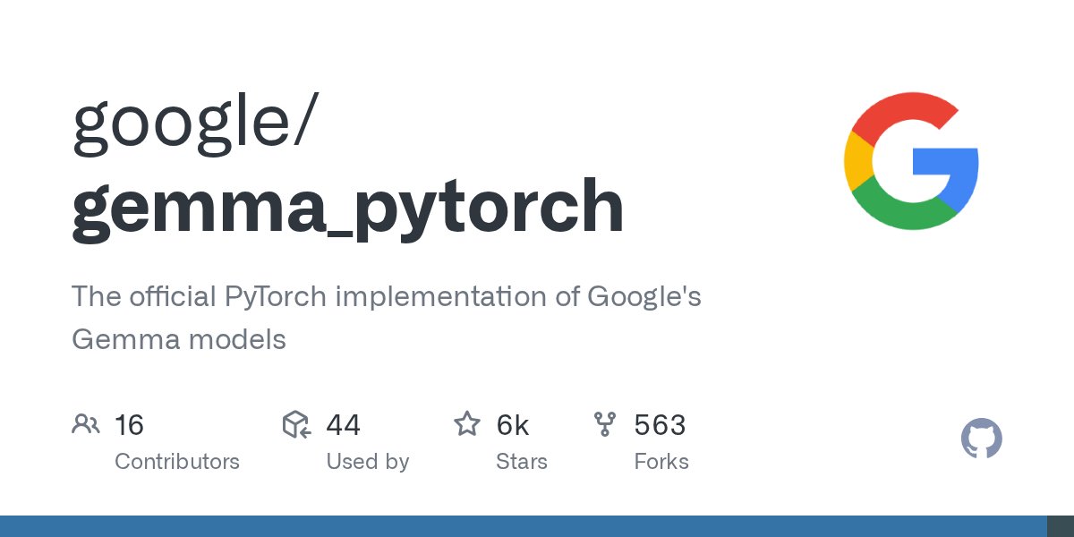 PyTorchPractice's tweet card. The official PyTorch implementation of Google's Gemma models - google/gemma_pytorch