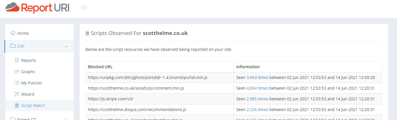 Scott_Helme's tweet card. I'm really excited to be announcing something that we've been working towards for a long time at Report URI, Script Watch! Continuing our goal of making browser security features like CSP easier to...