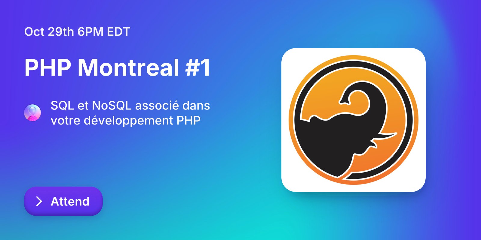 hellosct1's tweet card. Oct 29th 6:00PM: Vous êtes invité à participer au premier meetup de PHP Montréal. Lors de cette rencontre, nous aurons le privilège d'accueillir Christophe Villeneuve.