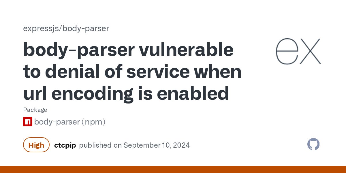 kom_256's tweet card. ### Impact body-parser <1.20.3 is vulnerable to denial of service when url encoding is enabled. a malicious actor using a specially crafted payload could flood the server with a large number...