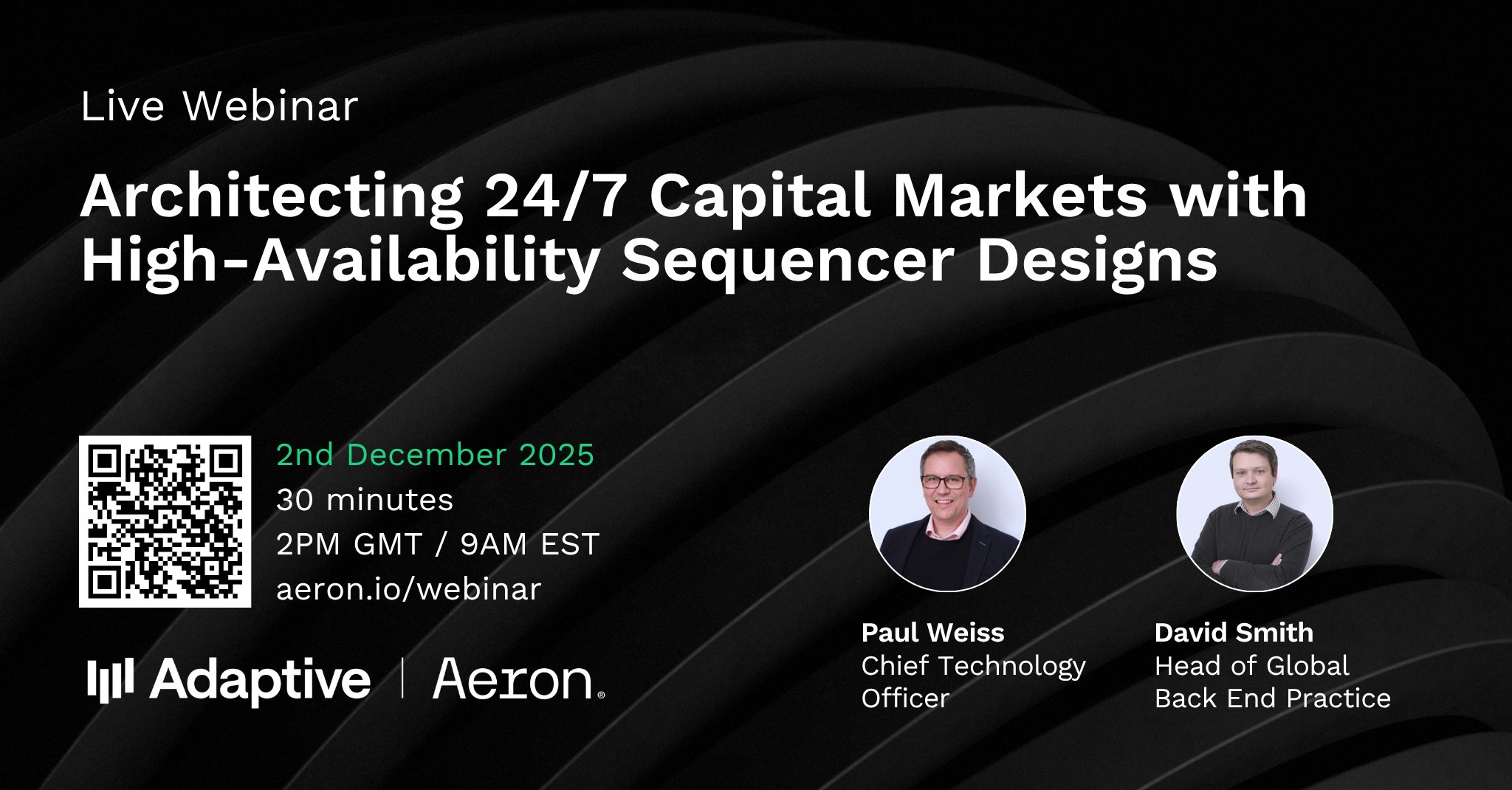 WeAreAdaptive's tweet card. Webinar on architecting high-availability sequencer designs for 24/7 capital markets operations. Join us live on December 2nd, 2025.