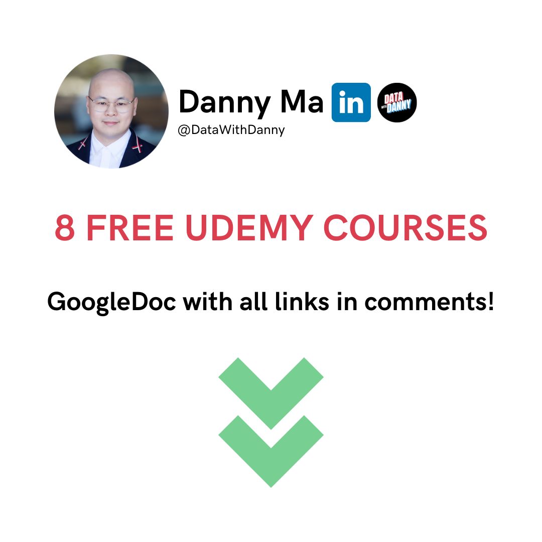 DataWithDanny's tweet card. ↓ Free Udemy Courses for July 20th! Please like, comment and share so more people can see this ❤️ #Data #Analytics #DataWithDanny | 40 comments on LinkedIn