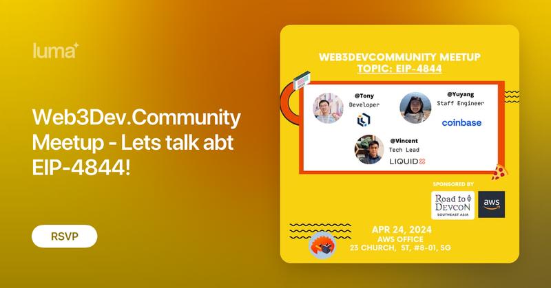 Web3DevC's tweet card. Dencun upgrade was a huge success! Lets regroup and learn from how is Ethereum evolving with EIP-4844. Excited to say this event is supported by Devcon team's…