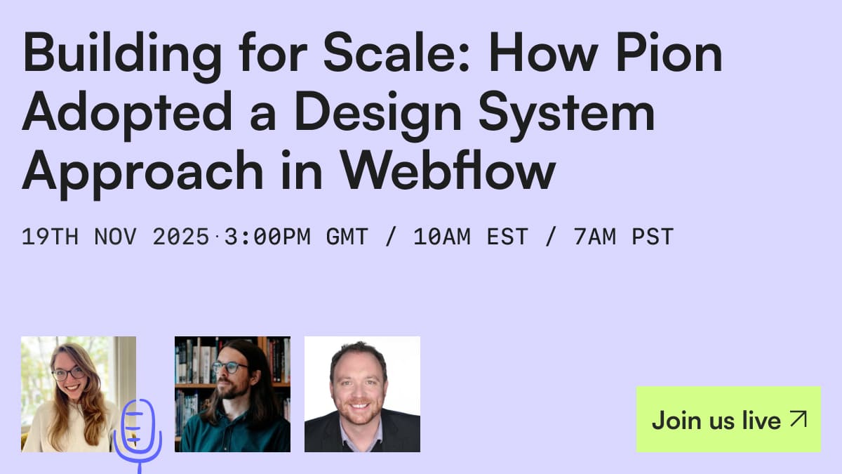 codeandwander's tweet card. Join Code & Wander and Pion on 19 Nov 2025 to discover how a design-system approach in Webflow helped scale marketing, improve speed, and boost consistency.