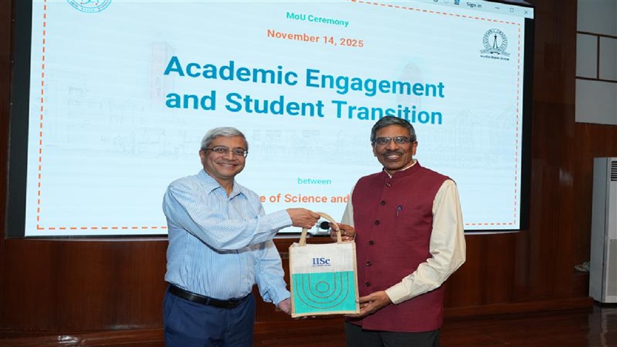 ShikshaDotCom's tweet card. IISc and IIT Gandhinagar are collaborating to advance academic exchange and strengthen research partnerships.