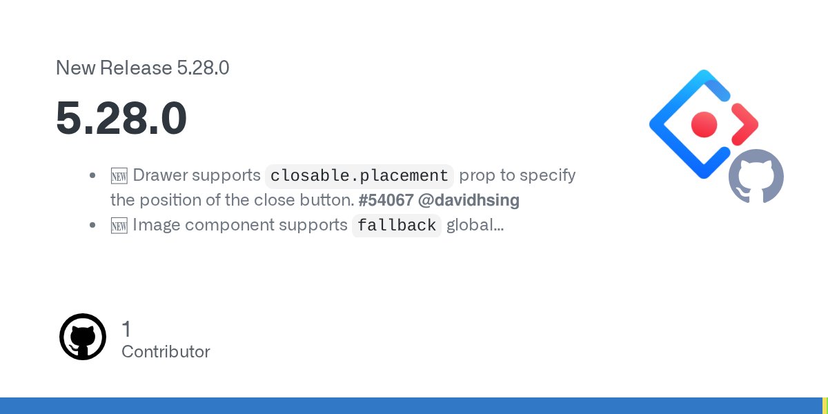 AntDesignUI's tweet card. 🆕 Drawer supports closable.placement prop to specify the position of the close button. #54067 @davidhsing 🆕 Image component supports fallback global configuration. #54702 @Jiyur 🆕 QRCode component...