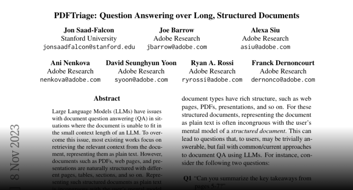 AngryGastropod's tweet card. Paper page - PDFTriage: Question Answering over Long, Structured Documents