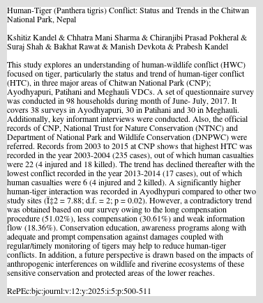 KandelKshitiz's tweet card. This study explores an understanding of human-wildlife conflict (HWC) focused on tiger, particularly the status and trend of human-tiger conflict (HTC), in three major areas of Chitwan National Park (