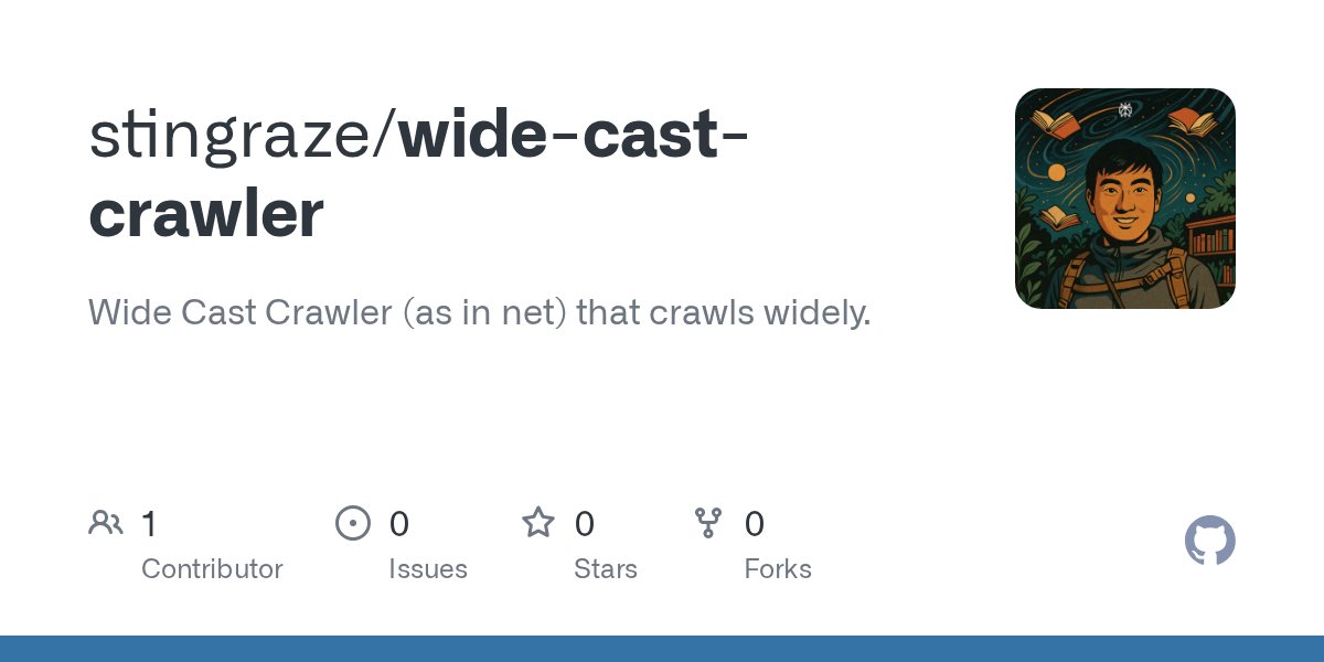 _stingraze's tweet card. Wide Cast Crawler (as in net) that crawls widely. Contribute to stingraze/wide-cast-crawler development by creating an account on GitHub.