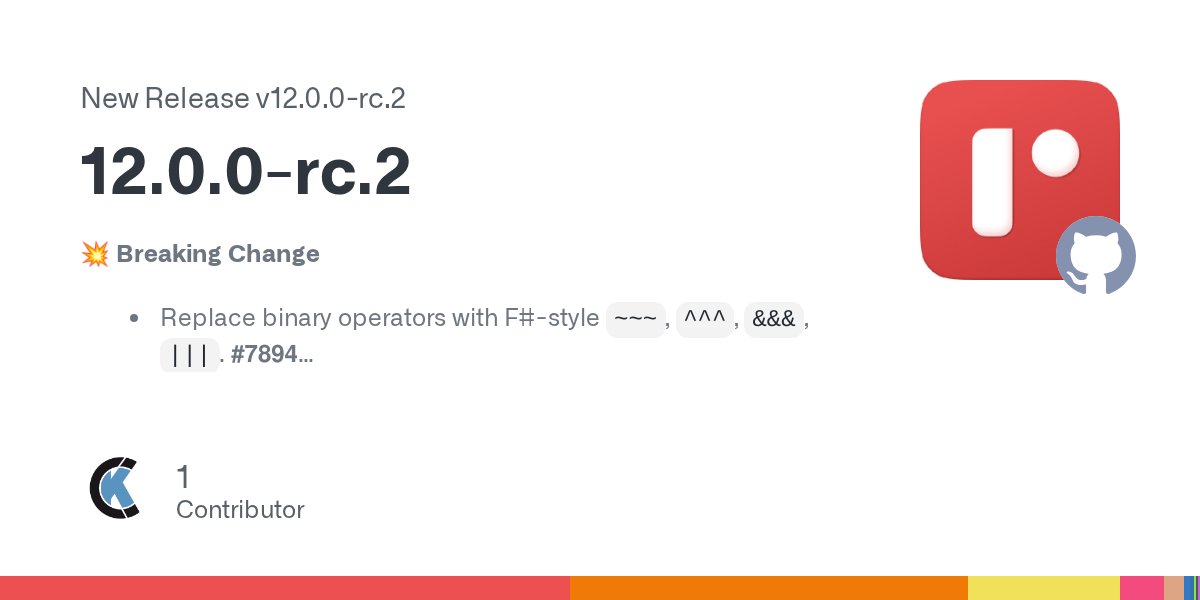 rescriptlang's tweet card. 💥 Breaking Change Replace binary operators with F#-style ~~~, ^^^, &&&, |||. #7894 🐛 Bug fix Fix: use configured Jsx module for constraining component return type. #7945 Undeprecate ...
