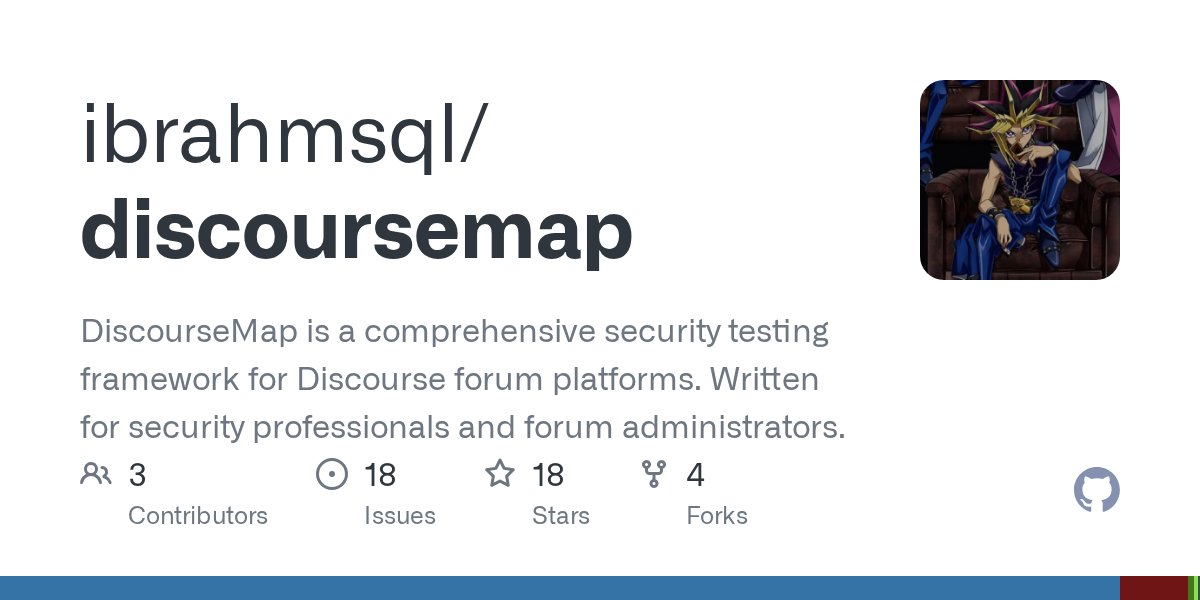 ibrahimsql's tweet card. DiscourseMap is a comprehensive security testing framework for Discourse forum platforms. Written for security professionals and forum administrators. - ibrahmsql/discoursemap