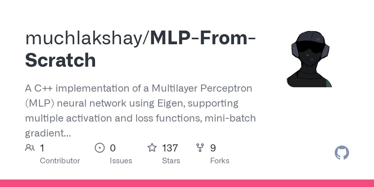 CPPDiscussions's tweet card. A C++ implementation of a Multilayer Perceptron (MLP) neural network using Eigen, supporting multiple activation and loss functions, mini-batch gradient descent, and backpropagation for training. -...