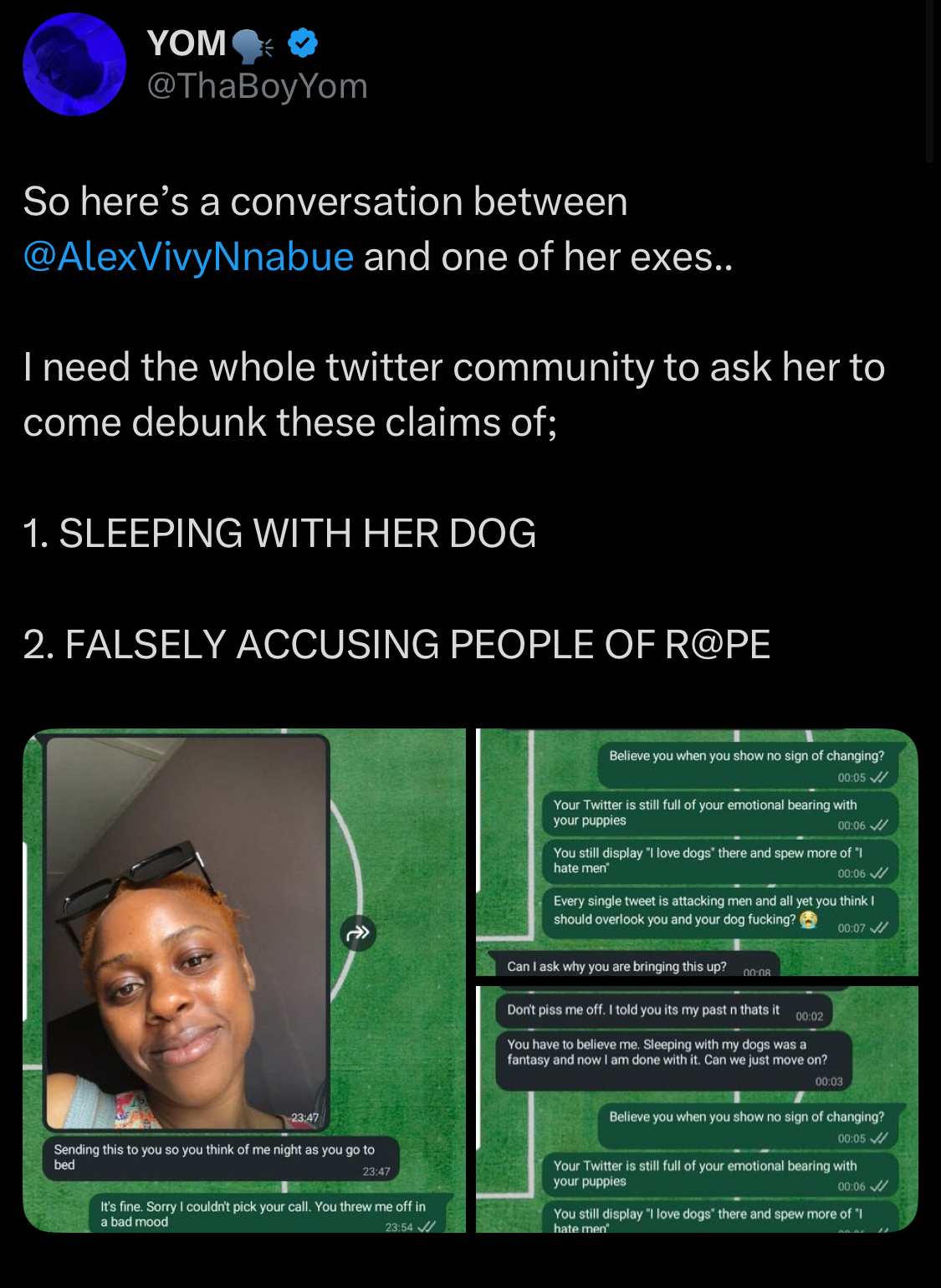 AlexVivyNnabue's tweet card. On Sunday the 16th of November 2025, random twitter user @thaboyyom posted fake and fabricated chats of me speaking to a supoosed “ex”. In the chat, he alleged that I confessed to this ex about 1-...