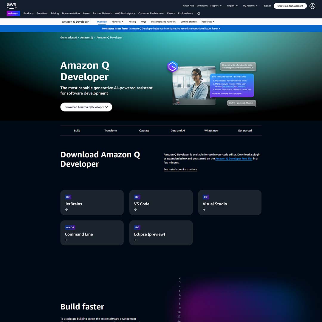 dcpwebdesigners's tweet card. Amazon Q Developer is a generative AI-powered assistant designed to revolutionize the software development process on Amazon Web Services (AWS).