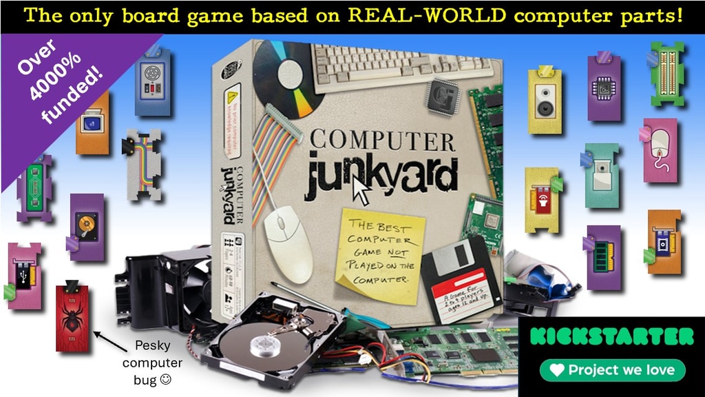 GeekTechGuru's tweet card. Race your friends to build a vintage computer from spare parts! Computer Junkyard's a fast-paced, puzzly, computer building board game.