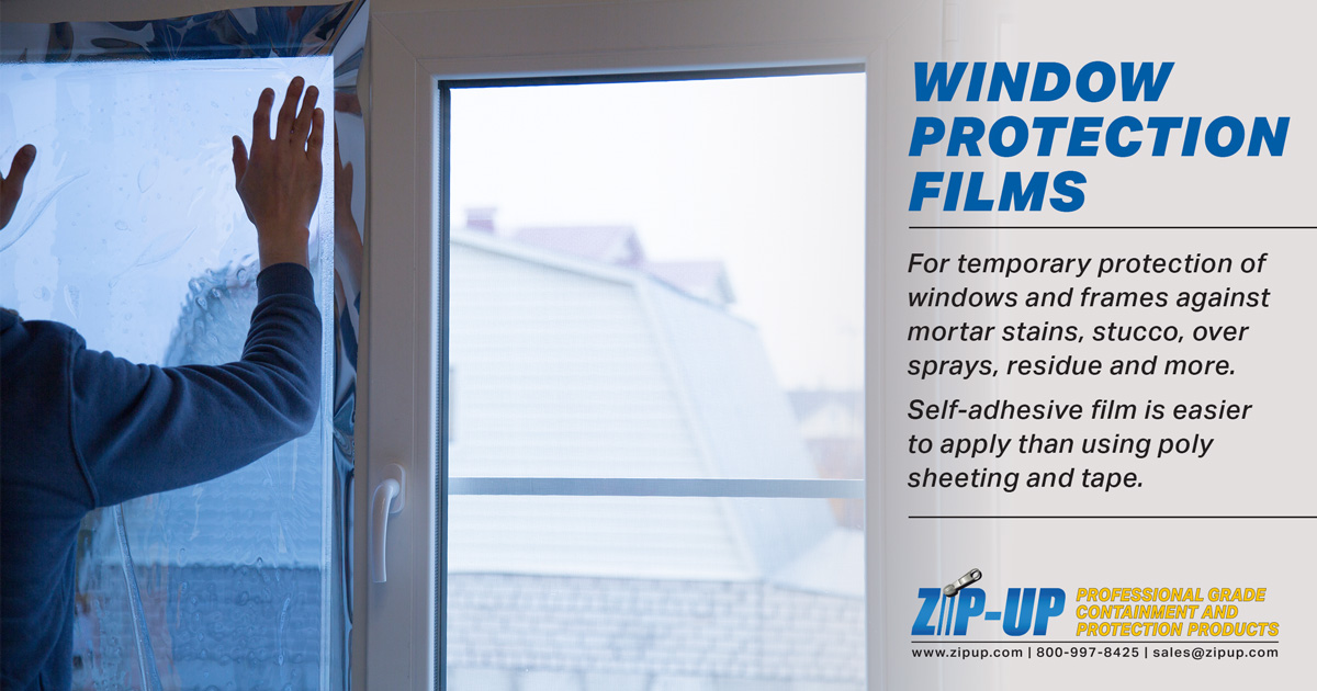 ZipUp_Products's tweet card. Window Protection Films – Temporary self-adhesive blue film shields windows & frames from mortar stains, stucco, over-spray & residue during construction.