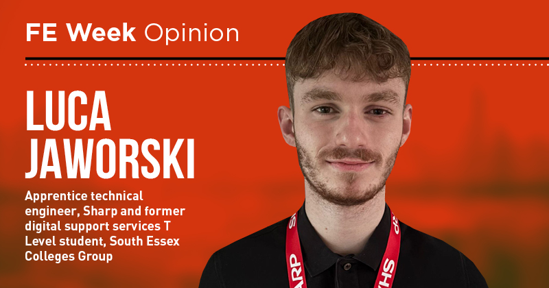 FEWeek's tweet card. T Levels Week: Luca Jaworski and his digital support services T Level course at South Essex Colleges Group