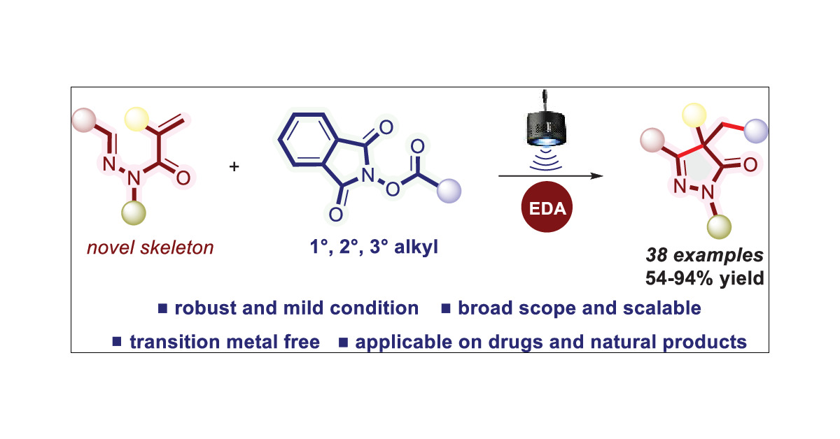 SMLab_IITJ's tweet card. We disclose N′-arylidene-N-acryloyltosylhydrazides as novel skeletons for the synthesis of biologically relevant alkylated pyrazolones through a photoinduced radical cascade with N-(acyloxy)pthalim...