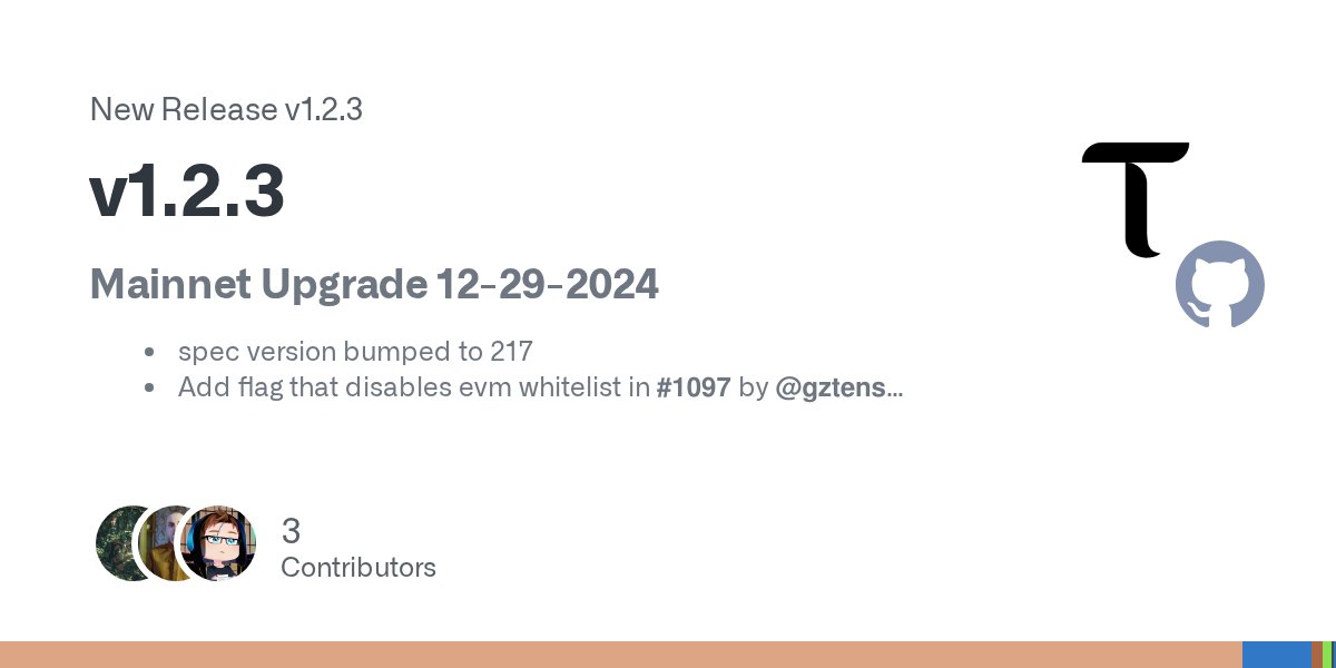 opentensor's tweet card. Mainnet Upgrade 12-29-2024 spec version bumped to 217 Add flag that disables evm whitelist in #1097 by @gztensor Fix staking counter in #1093 by @ales-otf Fix archive sync panic in #1051 by @orrii...