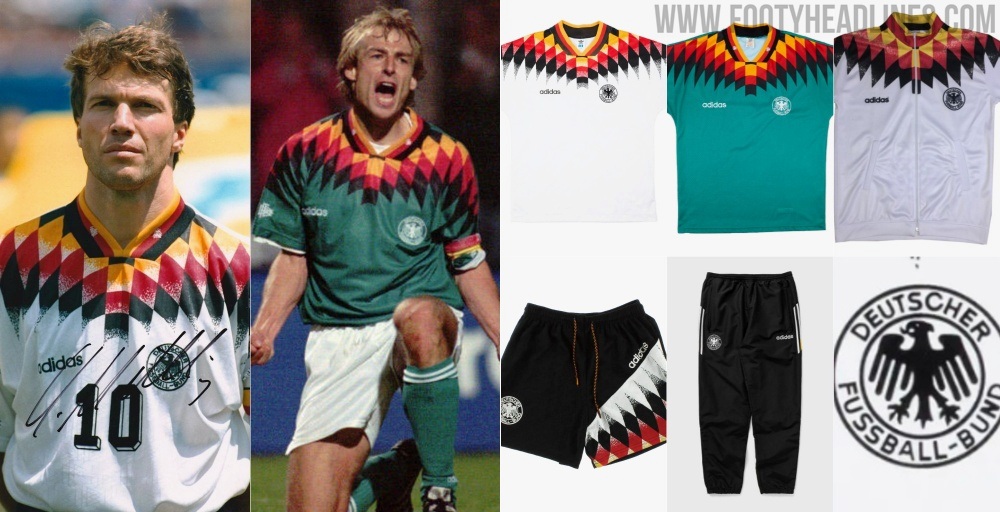 Footy_Headlines's tweet card. Update: Not only the match kits, but Adidas will also re-release the iconic 1994 Germany collection, which includes a track top, shorts & pants.