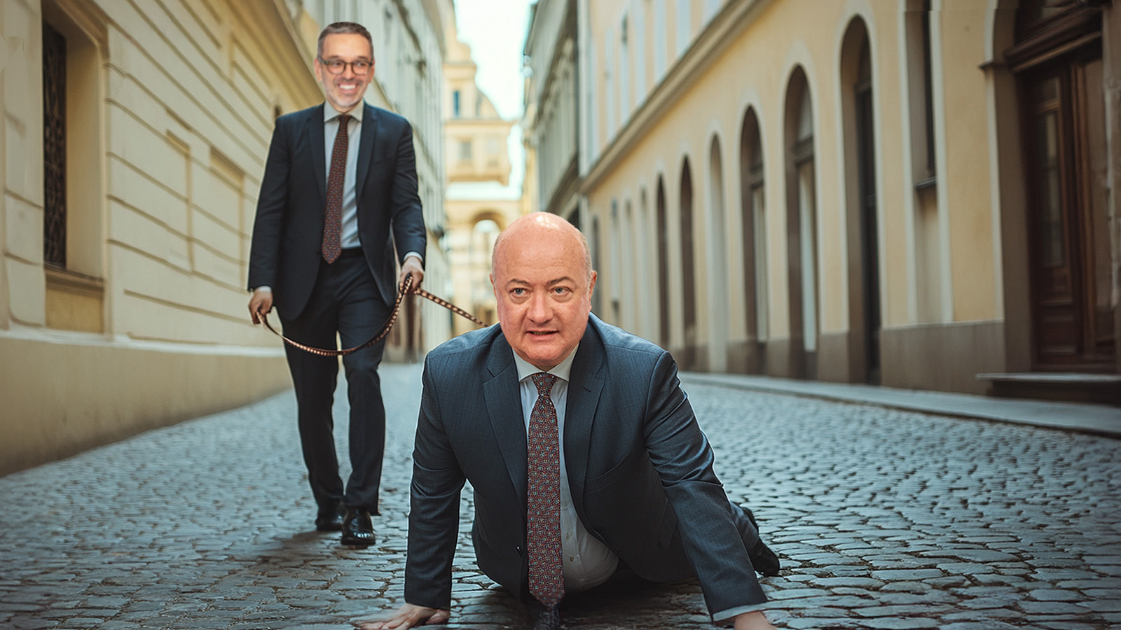 DieTagespresse's tweet card. Der neue ÖVP-Chef Christian Stocker wurde heute in Wien gesichtet, wie er sich von FPÖ-Chef Herbert Kickl an einer Leine Gassi führen ließ.