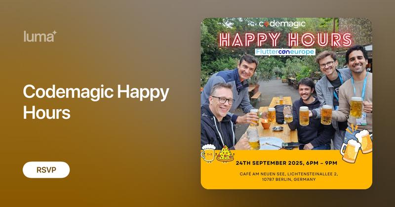 codemagicio's tweet card. 🍻 Hey Flutter devs heading to FlutterConEurope! Codemagic is hosting a special side event just for you! 🎉 Join us for an evening of networking, drinks, and…