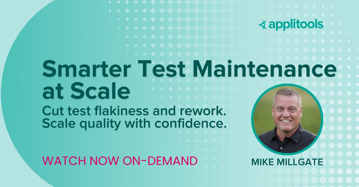 Applitools's tweet card. See how Visual AI reduces brittle tests, flakiness, and costly rework. This technical session shares smarter strategies for test maintenance at scale, showing how teams can simplify reviews, improve...