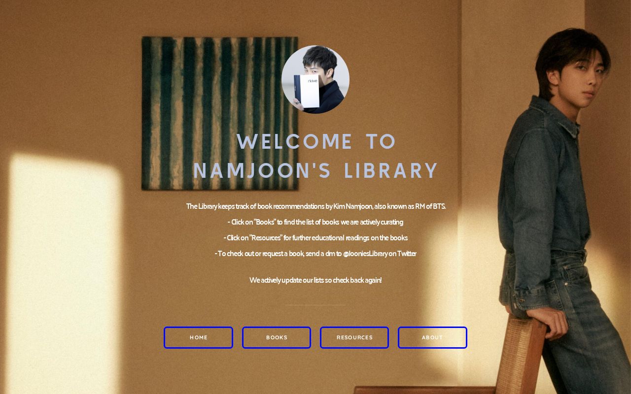 JooniesLibrary's tweet card. A library of book recommendations by Kim Namjoon